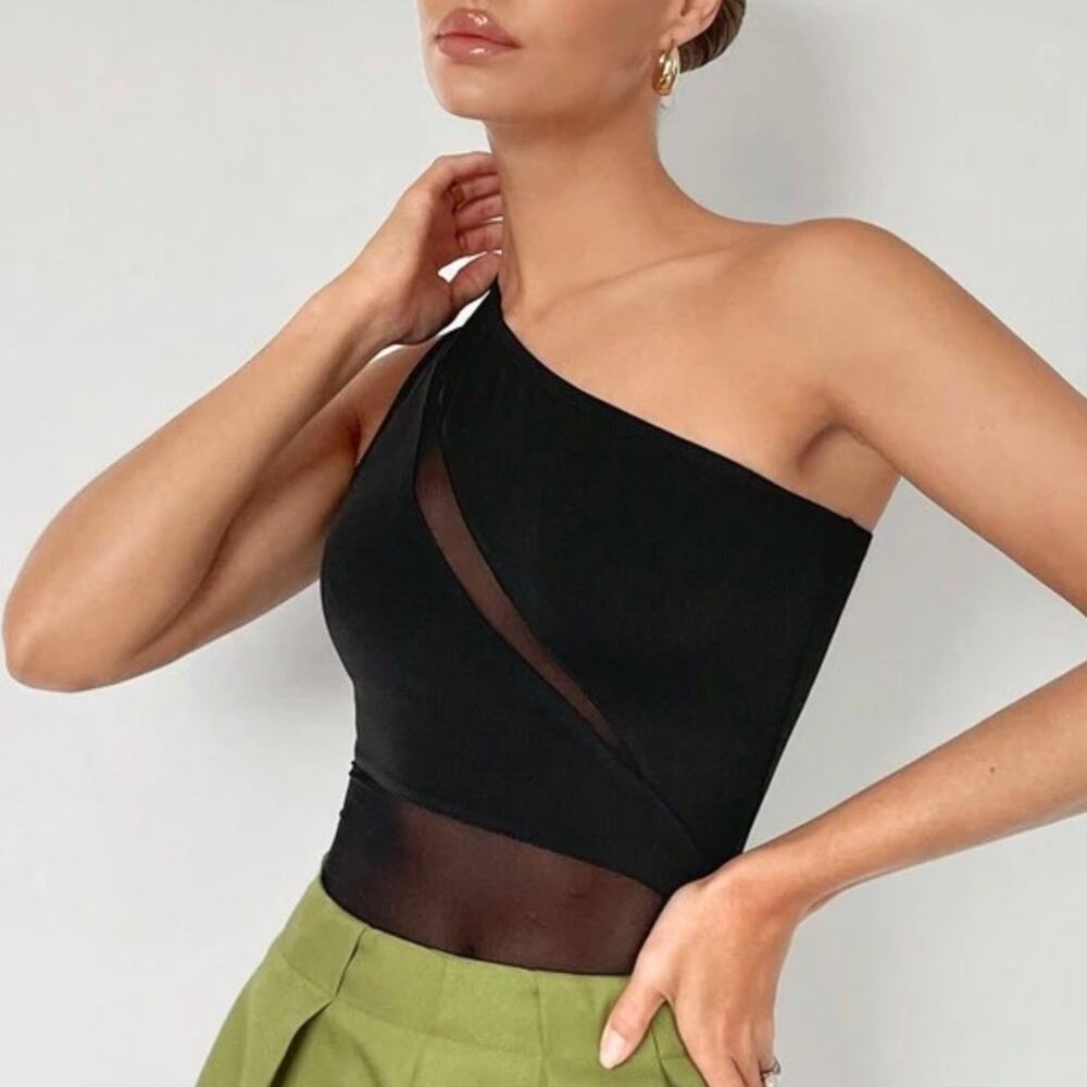 Shein Black Mesh One Shoulder Bodysuit Tank Top Size Medium